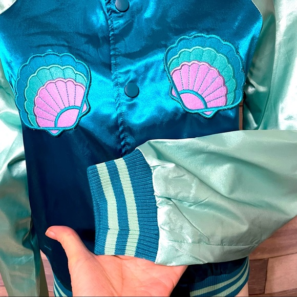 IRON FIST Mermaid For Life teal & aqua embroidered satin bomber jacket NWT - Picture 6 of 9